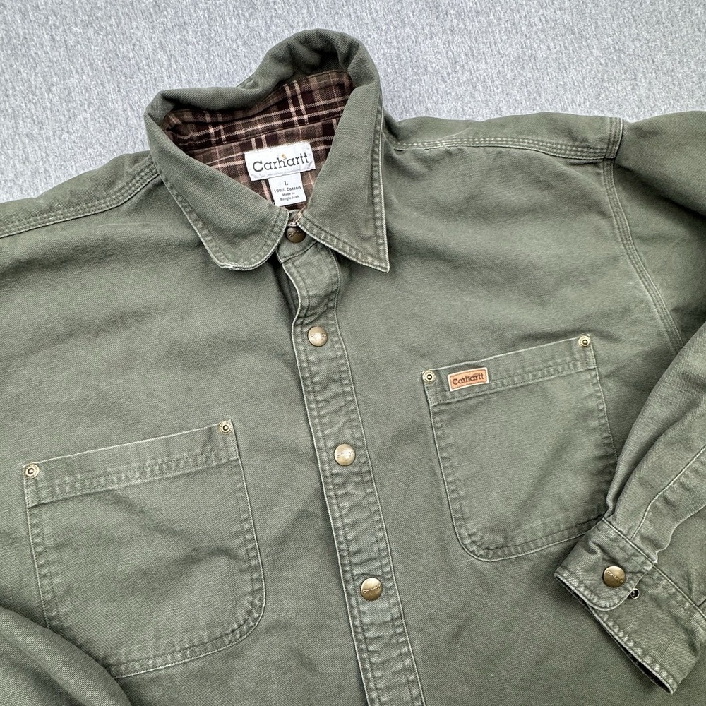 Carhartt Mens Flannel Lined Canvas Shirt Jacket Shacket L Green Snap S96MOS Vtg